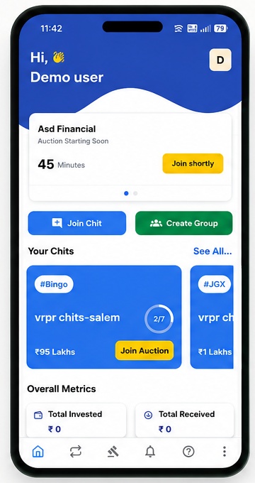 Namma Chit home screen showing chits and metrics